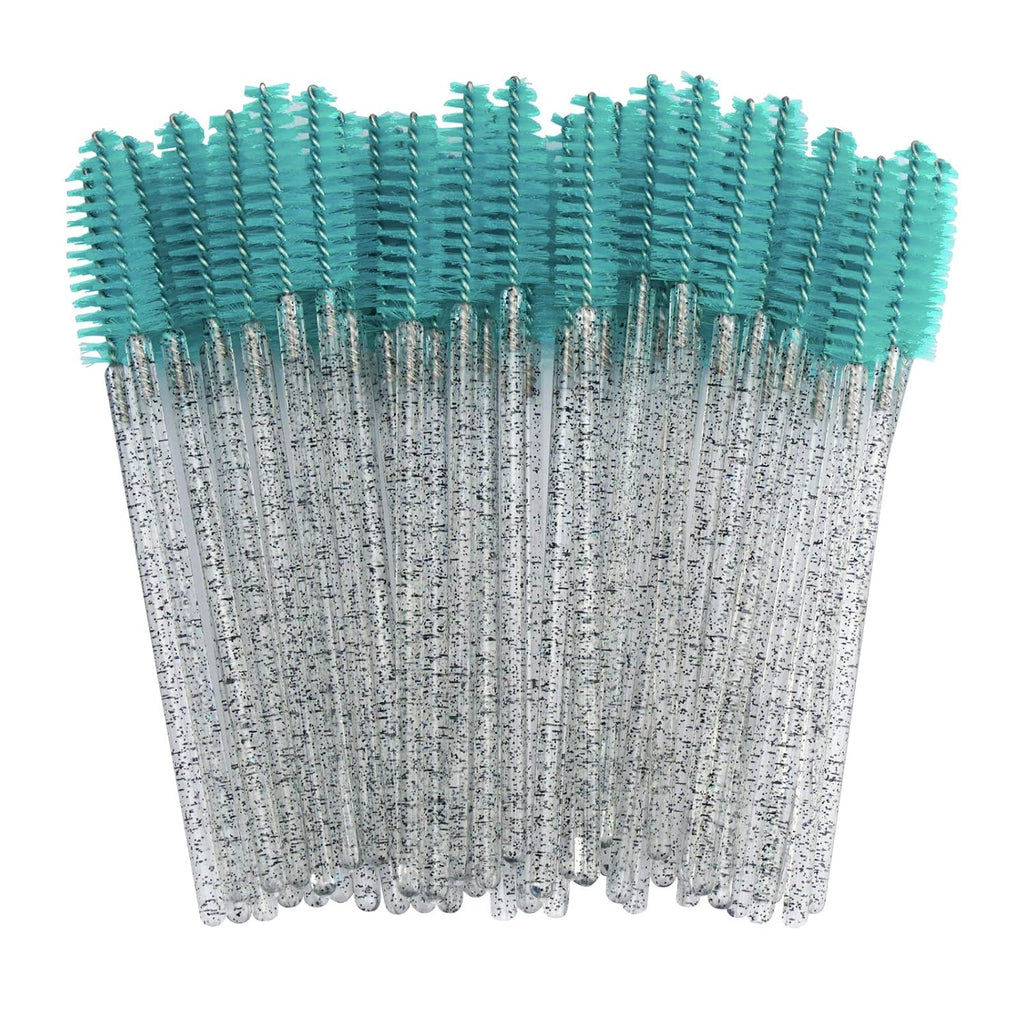 100Pcs Disposable Mascara Brushes Wands with Container, Crystal Eyelash Spoolie Brushes for Eyelash Extensions and Mascara Use Crystal Black Blue