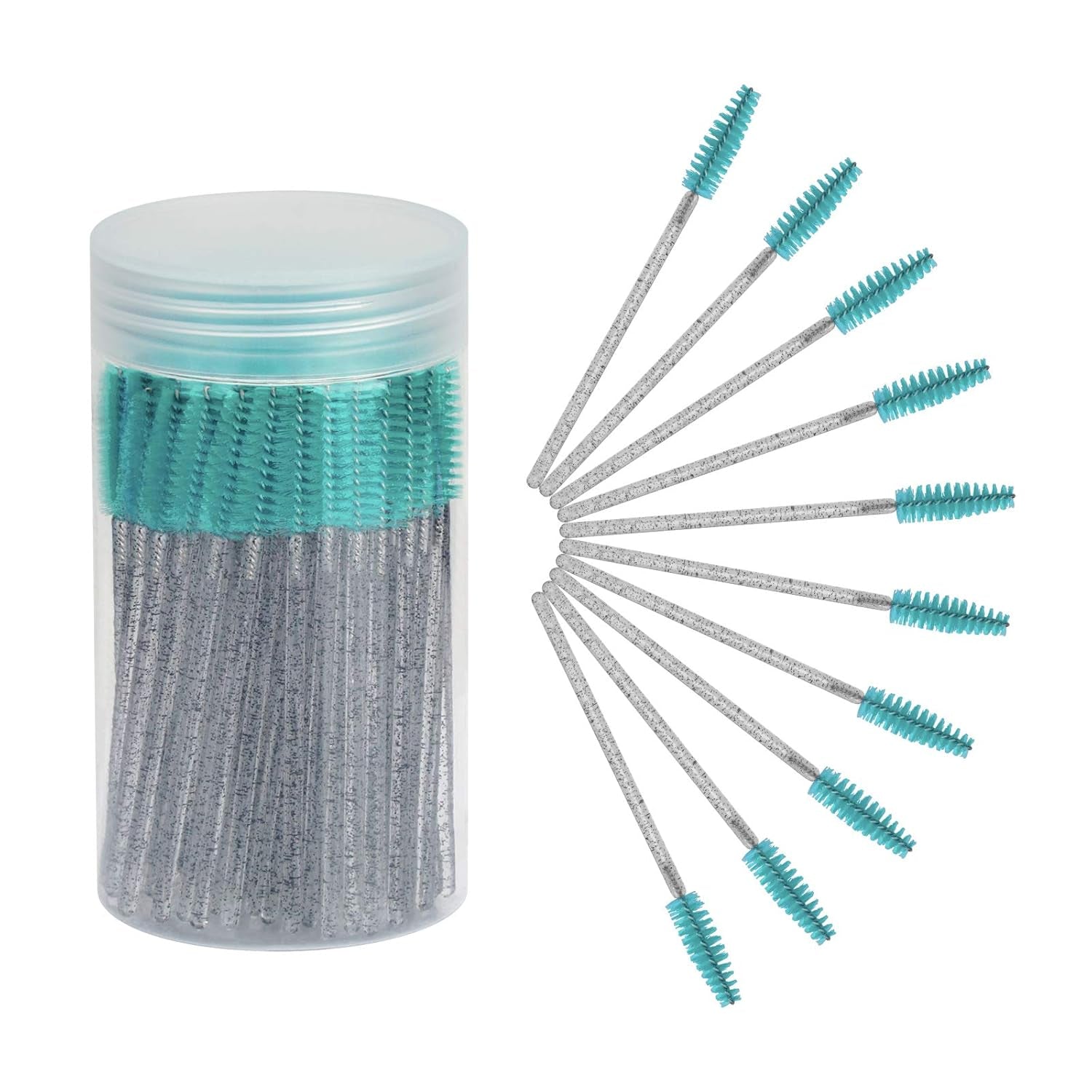 100Pcs Disposable Mascara Brushes Wands with Container, Crystal Eyelash Spoolie Brushes for Eyelash Extensions and Mascara Use Crystal Black Blue
